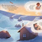 Ein Wald im Winter. Drei Rauchwolken zeigen Dorfbewohner, die sich sorgen. Ein Bäcker, eine Großmutter, ein Junge mit Kuscheltier.