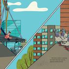 "He tried window washing, but didn’t like the way the pigeons looked at him." Links Fensterputz-Ausrüstung, rechts drei Tauben.