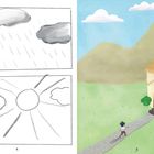 Links oben: zwei Wolken, Regen. Darunter: Sonne und Wolken. Rechts: Haus mit Strohdach, Weg, Hügel, kleine Figur.