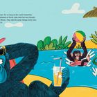 Ein Gorilla liegt an einem gelben Strand und hält ein Getränk. Ein Schimpanse und ein Nashorn spielen im Wasser. Im Hintergrund eine Strandhütte.