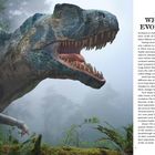 Text: "PART 1: WHAT IS EVOLUTION?" 
Ein Dinosaurier mit offenem Maul, detailreich und lebensecht, im nebligen Urwald.