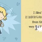 Text: "I liked KINDERGARTEN from the very 1st day." 
Illustration: Ein Kind mit Rucksack, Regenbogen im Hintergrund. Links Text über einen tollen Rucksack. Rechts Dinosaurier, Zirkuszelt, Eisbecher.