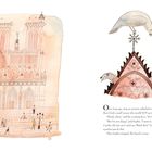 Links Kirche mit Menschen; rechts Text und Illustration mit Taube und Maus.