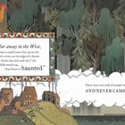 Erzählung über ein Dorf am Waldrand, der als gespenstisch gilt. Illustration zeigt Bäume, Häuser und einen Hahn.