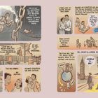 Texte: Er arbeitete hart, um Ausrüstung zu kaufen. Sein Spezialgebiet: Boote reparieren. Ein gefährlicher Job.  

Illustration zeigt einen Taucher bei der Arbeit unter Wasser, Szenen eines jungen Paares, eine Familie mit Baby und Reisen nach London.