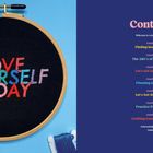 Links ein Stickrahmen mit "LOVE YOURSELF TODAY" in bunten Buchstaben auf schwarzem Stoff. Rechts ein Inhaltsverzeichnis.