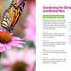 „Gardening for Birds, Bees, and Butterflies“ steht groß rechts. Links: Biene und Schmetterling auf rosa Blume.