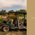 Texte: "Lessons from the Land", "One". Eine Person mit Blumen auf einem Feld, sitzt auf einem kleinen Fahrzeug.
