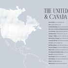 THE UNITED STATES & CANADA. Bart's Books, Bon, Brattle Book Shop, viele Geschäfte mit Ortsangaben auf grauem Hintergrund. Illustration einer Landkarte.
