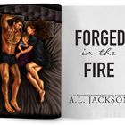 Text: "FORGED in the FIRE" von "A.L. JACKSON". Eine Illustration zeigt zwei Erwachsene und ein Kind in einem Bett liegend.