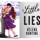 Text: "Little Lies" von Helena Hunting. Links daneben eine Illustration eines Paares in enger Umarmung auf einer Eisfläche.