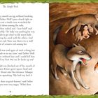 Text auf der linken Seite: "The Jungle Book". Illustration: Ein Wolf beschützt ein Menschenkind vor einem Tiger in einer Höhle.