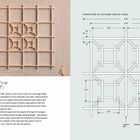 Links: "Yotsuba Izutsu-Tsugi" und Erklärung. Rechts: Schema der Struktur mit Maßen. Oben das hölzerne Gittermuster.