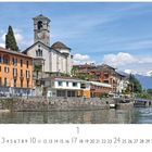 Kalenderseite mit "Brissago" und "CASARES EDITION". Malerische Seepromenade mit bunten Häusern und Kirche.