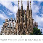 Barcelona, Sagrada Familia. Monatskalender mit markiertem Tag. Die bekannte Kirche ist umgeben von blauem Himmel und Wolken.