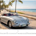 Text: "Porsche 356 Cabrio", "CASARES EDITION", Autokennzeichen: "MPR 719". Silbernes Cabrio an einer Palmenallee am Strand.