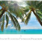 "Isla Margarita, Venezuela" unten links. Zwei Palmen vor blauem Himmel, darunter ein ruhiges Meer mit einem Boot in der Ferne.