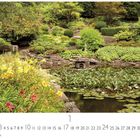„1“ in der Mitte unten, darunter Zahlen 1–31. Oberhalb: ein gepflegter Garten mit Teich und Blumen.