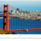 "Golden Gate Bridge" steht unten links. Die rote Brücke spannt sich über blaues Wasser mit einer Stadt im Hintergrund.