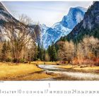 Yosemite Nationalpark, The Domes. Ein Fluss fließt durch eine von Bergen umgebene Waldlandschaft mit kahlen Bäumen.