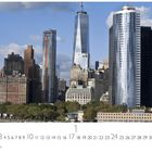 One World Tower. CASAERES EDITION. Kalender mit Skyline von Wolkenkratzern und Bäumen im Vordergrund.