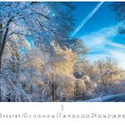"Maine, Winterwald" steht oben. Schneebedeckte Bäume unter blauem Himmel mit Kondensstreifen.