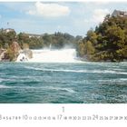 Text: "Schaffhausen, Rheinfall". Kalender mit Wasserfall, bewaldete Ufer und Gebäude im Hintergrund.