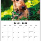Juni 2027 Kalender mit einem Hund, umgeben von grünem Laub in einem Waldhintergrund.