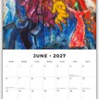 JUNE 2027, Kalender mit Gemälde von Figuren in kräftigen Farben, darunter Menschen und ein Pferd.