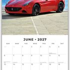 JUNE 2027, rotes Cabrio vor Meer, Kalender-seite mit Feiertagen, darunter Linien für Notizen, To-Do-Liste.