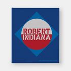 Text: "ROBERT INDIANA", "PHAIDON", "AN AMERICAN ICON". Roter, weißer Kreis auf blauem Quadrat, Buchcover-Design.