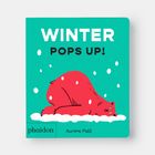 "WINTER POPS UP! Phaidon, Aurore Petit." Auf türkisfarbenem Hintergrund ein roter Bär mit Schneeflocken, Illustrationstil.