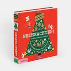 „WEIHNACHTEN! Ein Mitmachbuch zum Fest“ mit Illustrationen eines Weihnachtsbaums und Deko auf rotem Hintergrund.