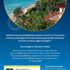 Text beschreibt Highlights von Bali, wie Tänze in Ubud und Surfen in Nusa Lembongan. Oben ein Strandfoto mit Palmen.