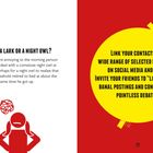 Links: Text über Morgenmenschen und Nachtmenschen. Unten rote Figur mit verwirrtem Icon. Rechts: Gelber Kreis mit Social Media Kritik.