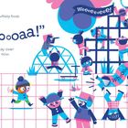 Texte: "What a busy, whizzy buzz." "Whooooaaa!" "I think I'll stay over here for now." Illustration eines Spielplatzes.