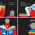 Text: "Hmmm," sagt Papa Bird. "Vielleicht will Otto noch eine Geschichte?" "ping" Illustration von Vögeln, die Bücher lesen.