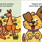 Links obiger Text: "Kangaroos love to hop everywhere. How many little joeys are there?", ein Skizze von drei Kängurus mit einem Joey. Rechts: "Puppies play hide-and-seek. Count their ears so they can peek." Zwei spielende Welpen. Nummern 2 auf Känguru-Beutel und Ohr des linken Welpen.