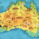 Text beschrieben: "AUSTRALIAN OUTBACK" und Informationen über Tiere, Landschaften, und der ursprünglichen Bevölkerung Australiens. Es ist eine bunte Illustration.