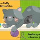 Ein graues Kätzchen spielt mit einem Wollknäuel. Text: "I'm so fluffy with silky-soft fur." und "Stroke my tummy to hear me go purr!".