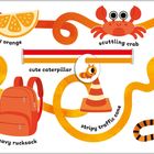 Texte: orange, juicy orange, scuttling crab, crispy leaf, cute caterpillar, stripy traffic cone, furry tiger, crunchy carrot, heavy rucksack. Illustration mit Karotte, Rucksack, Tiger und Krabbe.