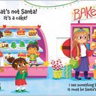 „That's not Santa! It's a cake!“ „BAKERY“ „I see something big, red and round. It must be Santa's tummy I've found!“ Illustration einer Bäckerei mit Kindern, Torten, einem Pinguin und einer Bäckerin.