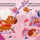 Illustration: Ein fliegendes Tier mit Flügeln schießt Pfeile. Es gibt Tiere und Herzen in einer pastellfarbenen Waldszene.