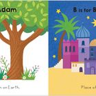 „A is for Adam“: Ein Mann mit Blättern bedeckt unter einem Baum.  
„B is for Bethlehem“: Bunte Gebäude mit Sternen.