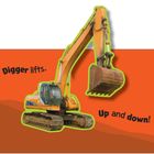 "Digger lifts. Up and down!" Ein orangefarbener Bagger mit gehobenem Arm auf einem orange-roten Hintergrund.