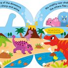 Text: "T. rex, the king of the dinosaurs, has teeth so sharp and white. His mighty roar shakes the ground, the others flee with fright! Can you find five bones in the scene?"

Illustration: Fröhliche Dinosaurier mit Vulkanen, Palmen und einem Fluss.