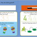 "Keep tracing. You are doing great!" Textanleitungen zum Nachzeichnen der Zahlen 3 und 4 mit bunten Heißluftballons und einem Frosch.