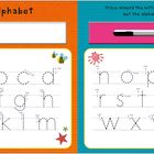Alphabet-Lernseiten mit Buchstaben zum Nachzeichnen, dekoriert mit Bienen, einem Flugzeug, einem Heißluftballon und Spielzeug.