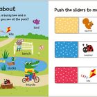 Text: "Out and about", "Push the sliders", "squirrel", "tree", "bee", "kite", "bird", "bench", "buggy", "flowers", "ducks", "tricycle", "ladybird". 

Illustration: Tiere und Kinder in einem Park mit Rutschelementen. 