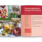"Weinbergpfirsichkompott mit Minze. Rezept für 2 Gläser. Zutaten: 500g Weinbergpfirsiche, 2 Minze, usw." 

Pfirsiche, Kind, Kompottglas mit Holzlöffel.